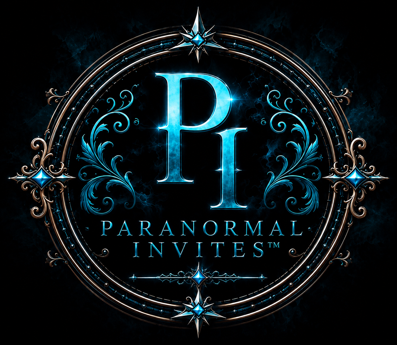 Paranormal Invites ornate blue and gold PI crest